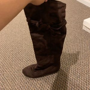 Brown suede knee high flat boots